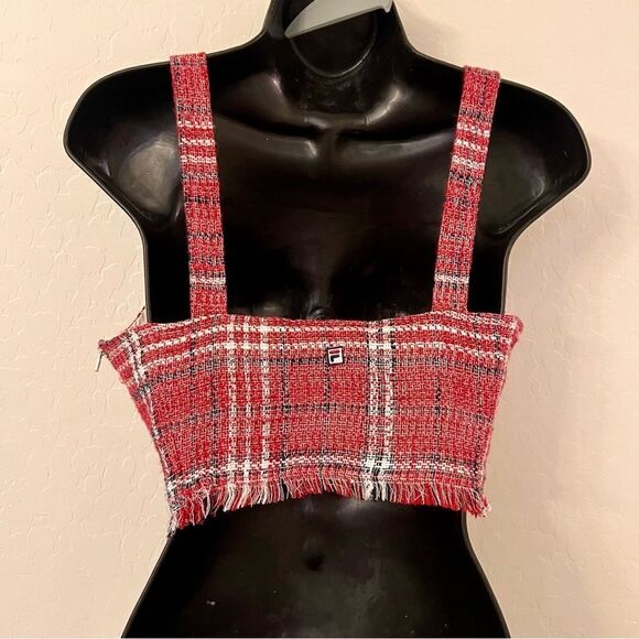 Fila Jester Italia Plaid Tweed Red White Square Neck Crop Tank Top Raw Hem XS - Picture 9 of 11